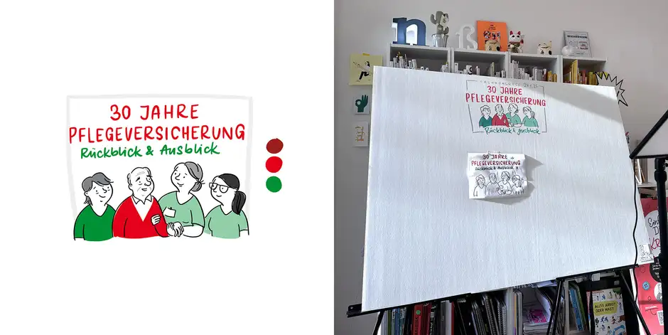 Graphic Recording Berlin &ndash; Erste Skizze f&uuml;r das Graphic Recording zum Fachkongress '30 Jahre Pflegeversicherung' mit einer Illustration von vier Menschen in Gr&uuml;n und Rot.