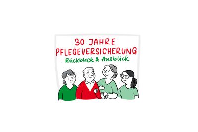 Graphic Recording Berlin – Titelbild mit einer Illustration von vier Menschen für den Fachkongress '30 Jahre Pflegeversicherung', das als Header für die visuelle Dokumentation dient.