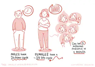 Eine Sketchnote &uuml;ber den biologischen Unterschied der Zyklen. Ein Mann mit einem 24-Stunden-Zyklus steht einem weiblichen Charakter mit einem etwa 29-t&auml;gigen Zyklus gegen&uuml;ber. Die Frau zeigt verschiedene emotionale Zust&auml;nde, um die hormonellen Schwankungen im Monat zu verdeutlichen.