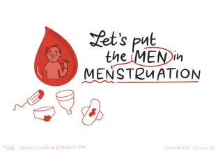 Eine Sketchnote mit dem Slogan &bdquo;Let&rsquo;s put the MEN in MENstruation&ldquo;. Ein roter Blutstropfen enth&auml;lt eine winkende m&auml;nnliche Figur, um m&auml;nnliche Einbindung in das Thema Menstruation anzuregen. Darunter sind verschiedene Menstruationsprodukte wie Tampon, Menstruationstasse, Periodenunterw&auml;sche und Binde dargestellt