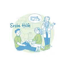 Die Illustration zeigt eine Erste-Hilfe-Szene: Ein verletzter Mann sitzt am Boden und h&auml;lt sein schmerzendes Bein, w&auml;hrend eine Frau in gr&uuml;ner Kleidung ihm mit einem Verband hilft. Neben ihr steht ein Erste-Hilfe-Koffer. Rechts im Bild telefoniert eine &Auml;rztin oder Sanit&auml;terin, gekleidet in einem wei&szlig;en Kittel mit Stethoskop, vermutlich um weitere Hilfe zu rufen. &Uuml;ber ihr befindet sich eine Gedankenblase mit der Abbildung eines Rettungswagens und der Nummer 112. Im Hintergrund sind technische Rohrleitungen zu sehen. Der Schriftzug &bdquo;Erste Hilfe&ldquo; steht in blauer Schrift oben links, und die Illustration ist in Blau- und Gr&uuml;nt&ouml;nen gehalten.
