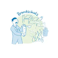 Die Illustration zeigt einen Mann in blauer Arbeitskleidung, der mit einem Feuerl&ouml;scher ein Feuer bek&auml;mpft. Flammen und Rauch sind vor ihm sichtbar, w&auml;hrend er den Feuerl&ouml;scher zielgerichtet einsetzt. Im Hintergrund sind Rohrleitungen und technische Anlagen angedeutet. Oberhalb der Szene steht der Schriftzug &bdquo;Brandschutz&ldquo; in blauer Handschrift. Die Illustration ist in Blau- und Gr&uuml;nt&ouml;nen gehalten und hebt die Bedeutung von Brandschutzma&szlig;nahmen und schnellem Handeln bei Feuer hervor.