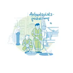 Die Illustration zeigt eine Szene der Arbeitsplatzgestaltung: Zwei Arbeiter in Sicherheitswesten reinigen einen Kanaldeckel und einen Schacht mit einem Hochdruckreiniger. Einer der Arbeiter h&auml;lt den Schlauch, w&auml;hrend der andere kniend am ge&ouml;ffneten Kanaldeckel arbeitet. Im Hintergrund ist ein Wasserwagen zu sehen, der mit dem Reinigungsvorgang verbunden ist. Links im Bild trinkt eine Frau Wasser aus einem &ouml;ffentlichen Trinkbrunnen. Im Hintergrund erkennt man st&auml;dtische Geb&auml;ude sowie die Berliner Skyline mit dem Fernsehturm und dem Reichstagsgeb&auml;ude. Der Schriftzug &bdquo;Arbeitsplatzgestaltung&ldquo; ist oben in blauer Schrift platziert. Die Illustration ist in Blau- und Gr&uuml;nt&ouml;nen gehalten.