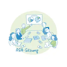 Die Illustration zeigt eine ASA-Sitzung (Arbeitssicherheitsausschuss): Mehrere Personen sitzen an einem Konferenztisch und diskutieren. Auf dem Tisch liegen verschiedene Dokumente, Mappen und Schilder mit Bezeichnungen wie &bdquo;Sifa&ldquo;, &bdquo;SiBe&ldquo;, &bdquo;PR&ldquo;, &bdquo;BAD&ldquo; und &bdquo;ASA-Protokolle&ldquo;. Eine Person zeigt auf eine Pr&auml;sentation, die auf einem Bildschirm oder einer Leinwand zu sehen ist. Die Pr&auml;sentation zeigt zwei Tortendiagramme mit der &Uuml;berschrift &bdquo;Unfallstatistik&ldquo;. Die Teilnehmer wirken engagiert und tauschen Informationen aus. Unten im Bild steht der Schriftzug &bdquo;ASA-Sitzung&ldquo; in blauer Handschrift. Die Illustration ist in Blau- und Gr&uuml;nt&ouml;nen gehalten und vermittelt eine professionelle Besprechung zu Arbeitssicherheitsfragen.