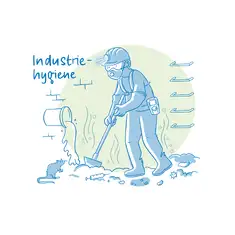 Die Illustration zeigt eine Szene zur Industriehygiene: Ein Arbeiter tr&auml;gt Schutzkleidung, darunter Helm, Handschuhe, Stiefel, eine Schutzmaske und ein Messger&auml;t an seinem G&uuml;rtel. Er reinigt mit einer Schaufel den Boden in einer Umgebung, die stark verschmutzt ist. Neben ihm flie&szlig;t eine Fl&uuml;ssigkeit aus einem Rohr, und um ihn herum liegen Abf&auml;lle wie Spritzen, Schmutz, und Unrat. Eine Ratte ist ebenfalls zu sehen, zusammen mit angedeuteten Mikroorganismen. Im Hintergrund befinden sich Mauerteile und einige Regale. Links oben steht der Schriftzug &bdquo;Industriehygiene&ldquo; in blauer Handschrift. Die Farbgestaltung ist in Blau- und Gr&uuml;nt&ouml;nen gehalten.