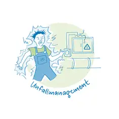 Die Illustration zeigt eine gef&auml;hrliche Situation zum Thema Unfallmanagement: Ein Arbeiter in blauer Arbeitskleidung steht unter Strom, nachdem er einen defekten Schaltschrank ber&uuml;hrt hat. Um ihn herum sind elektrische Entladungen dargestellt. Der Schaltschrank ist mit einem Warnsymbol f&uuml;r elektrische Gefahren gekennzeichnet, und aus einem Kabel h&auml;ngen offene Dr&auml;hte heraus. Im Hintergrund ist ein Rohrsystem angedeutet. Unten steht der Schriftzug &bdquo;Unfallmanagement&ldquo; in blauer Handschrift. Die Farbgestaltung in Blau- und Gr&uuml;nt&ouml;nen hebt die Dringlichkeit und die Bedeutung von Unfallverh&uuml;tung und richtigem Umgang mit Gefahren hervor.
