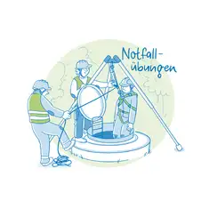Die Illustration zeigt eine Notfall&uuml;bung: Drei Personen in Sicherheitskleidung, darunter Helme und Warnwesten, &uuml;ben eine Rettung aus einem Schacht. Eine Person steht im Schacht und tr&auml;gt ein Sicherungsgeschirr, das an einem Dreibein-Stativ befestigt ist. Eine zweite Person bedient das Seil, das die im Schacht befindliche Person sichert. Die dritte Person h&auml;lt ein zus&auml;tzliches Sicherungsseil und beobachtet die Szene. Im Hintergrund sind B&uuml;sche und angedeutete B&auml;ume zu sehen. Oben rechts steht der Schriftzug &bdquo;Notfall&uuml;bungen&ldquo; in blauer Handschrift. Die Illustration ist in Blau- und Gr&uuml;nt&ouml;nen gehalten.