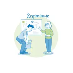 Die Illustration zeigt eine Szene zum Thema Ergonomie. Links hebt ein Mann einen Gegenstand korrekt mit gebeugten Knien und geradem R&uuml;cken, w&auml;hrend eine Frau rechts auf eine Tafel im Hintergrund zeigt. Auf der Tafel sind Abbildungen von richtigen und falschen Hebehaltungen dargestellt: ein gr&uuml;nes H&auml;kchen zeigt die korrekte Haltung, ein rotes Kreuz die falsche. Der Mann tr&auml;gt Arbeitskleidung und Werkzeuge in der Hand. Oben im Bild steht der Schriftzug &bdquo;Ergonomie&ldquo; in blauer Handschrift. Die Illustration ist in Blau- und Gr&uuml;nt&ouml;nen gehalten und verdeutlicht ergonomisch korrektes Arbeiten zur Vermeidung von Verletzungen.