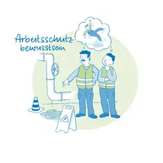 Die Illustration zeigt zwei Arbeiter in Sicherheitswesten, die vor einer undichten Rohrleitung stehen. Aus dem Rohr tropft Wasser, das eine Pf&uuml;tze auf dem Boden bildet. Ein Warnschild mit der Aufschrift "Achtung Rutschgefahr" und ein Absperrkegel stehen in der N&auml;he. Einer der Arbeiter zeigt auf die Pf&uuml;tze, w&auml;hrend der andere nachdenklich die Hand an sein Kinn legt. &Uuml;ber beiden schwebt eine Gedankenblase, in der ein st&uuml;rzender Arbeiter abgebildet ist, was auf die potenzielle Gefahr hinweist. Links oben steht der Schriftzug &bdquo;Arbeitsschutzbewusstsein&ldquo; in blauer Handschrift. Die Farbgestaltung ist in Blau- und Gr&uuml;nt&ouml;nen gehalten.