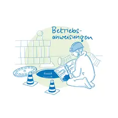Die Illustration zeigt eine Szene, in der ein Arbeiter Sicherheitsvorschriften &uuml;berpr&uuml;ft. Der Arbeiter tr&auml;gt Schutzkleidung, einschlie&szlig;lich Helm, Handschuhe und Atemschutzmaske, und kniet vor einem ge&ouml;ffneten Schacht, der von zwei Warnkegeln gesichert ist. In seinen H&auml;nden h&auml;lt er eine Betriebsanweisung mit Symbolen und Anweisungen. Links liegt ein abgenommener Kanaldeckel. Im Hintergrund sind Absperrungen und Rohrleitungen zu sehen. Oben rechts steht der Schriftzug &bdquo;Betriebsanweisungen&ldquo; in blauer Handschrift. Die Farbgestaltung ist in Blau- und Gr&uuml;nt&ouml;nen gehalten und vermittelt den Fokus auf Sicherheit und die Einhaltung von Vorschriften.
