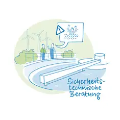 Die Illustration zeigt eine Szene zur sicherheitstechnischen Beratung: Zwei Personen stehen auf einer Plattform &uuml;ber einem runden Wasserbecken im Kl&auml;rwerk mit einem langen Steg. Die linke Person tr&auml;gt gr&uuml;ne Kleidung, die rechte eine blaue Arbeitskleidung und Helm. Sie gestikulieren miteinander. &Uuml;ber ihnen schwebt eine Sprechblase mit einem Warnsymbol (Ausrufezeichen) und der Abbildung einer Person, die im Wasser zu ertrinken droht. Im Hintergrund sind B&uuml;sche und Windr&auml;der zu sehen. Rechts unten im Bild steht der Schriftzug &bdquo;Sicherheitstechnische Beratung&ldquo; in blauer Handschrift. Die Farbgestaltung der Illustration ist in Blau- und Gr&uuml;nt&ouml;nen gehalten.
