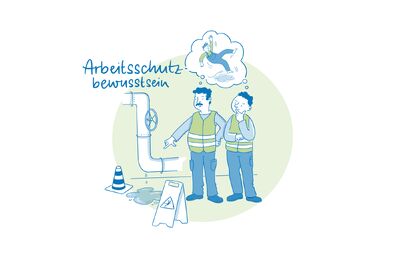 Die Illustration zeigt zwei Arbeiter in Sicherheitswesten, die vor einer undichten Rohrleitung stehen, aus der Wasser auf den Boden tropft und eine Pfütze bildet. Ein Warnschild mit dem Symbol 