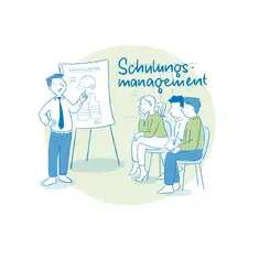 Die Illustration zeigt eine Schulungssituation zum Thema Arbeitssicherheit. Ein Dozent steht links neben einem Flipchart und erkl&auml;rt eine Darstellung, die Schutzkleidung wie Helm und Warnweste zeigt. Auf dem Flipchart steht der Titel &bdquo;Arbeitssicherheit&ldquo;. Rechts sitzen drei Personen auf St&uuml;hlen und h&ouml;ren aufmerksam zu, w&auml;hrend eine Person Notizen macht. Oben rechts steht der Schriftzug &bdquo;Schulungsmanagement&ldquo; in blauer Handschrift. Die Farbgestaltung in Blau- und Gr&uuml;nt&ouml;nen vermittelt eine professionelle und organisierte Atmosph&auml;re, die auf effektive Weiterbildung abzielt.