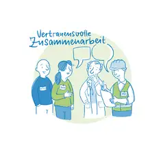 Die Illustration zeigt vier Personen, die sich in einer vertrauensvollen Zusammenarbeit befinden. Jede Person tr&auml;gt ein Namensschild mit der jeweiligen Rolle: &bdquo;BG ETEM&ldquo;, &bdquo;ANV&ldquo;, &bdquo;ASI&ldquo; und eine Person im wei&szlig;en Kittel als medizinische Fachkraft. Sie stehen in einer Gruppe, sprechen miteinander und tauschen sich aus, wie durch Sprechblasen &uuml;ber ihren K&ouml;pfen angedeutet. Die Person mit dem Klemmbrett macht Notizen. Oben im Bild steht der Schriftzug &bdquo;Vertrauensvolle Zusammenarbeit&ldquo; in blauer Handschrift. Die Farbgestaltung in Blau- und Gr&uuml;nt&ouml;nen unterstreicht die harmonische und professionelle Kommunikation zwischen den Beteiligten.