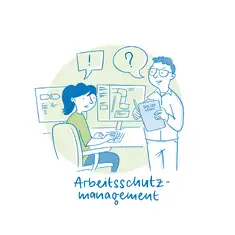 Die Illustration zeigt eine B&uuml;roszene zum Thema Arbeitsschutzmanagement. Eine Frau sitzt an einem Schreibtisch und arbeitet an einem Computer. Auf ihrem Bildschirm sind technische Darstellungen und Diagramme zu sehen. Neben ihr steht ein Mann mit Brille, der ein Buch mit der Aufschrift &bdquo;DIN ISO 45001&ldquo; in der Hand h&auml;lt und etwas erkl&auml;rt. &Uuml;ber beiden schweben Sprechblasen mit einem Ausrufezeichen und einem Fragezeichen, die auf Diskussionen oder Kl&auml;rungsbedarf hinweisen. Unterhalb der Szene steht der Schriftzug &bdquo;Arbeitsschutzmanagement&ldquo; in blauer Handschrift. Die Farbgestaltung ist in Blau- und Gr&uuml;nt&ouml;nen gehalten.