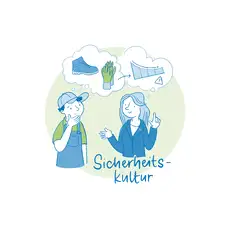 Die Illustration zeigt zwei Personen, die &uuml;ber Sicherheitskultur diskutieren. Links steht ein Mann in Arbeitskleidung und M&uuml;tze, der nachdenklich die Hand ans Kinn legt. Rechts steht eine Frau in Business-Kleidung, die gestikulierend spricht. &Uuml;ber beiden schweben Gedankenblasen: Beim Mann sind Sicherheitsschuhe und Arbeitshandschuhe abgebildet, bei der Frau eine grafische Darstellung mit einem Diagramm und einem Warnsymbol, das eine Steigerung der Sicherheit andeutet. Unten im Bild steht der Schriftzug &bdquo;Sicherheitskultur&ldquo; in blauer Handschrift. Die Farbgestaltung ist in Blau- und Gr&uuml;nt&ouml;nen gehalten und betont den Austausch von Ideen zur F&ouml;rderung von Sicherheitsbewusstsein am Arbeitsplatz.