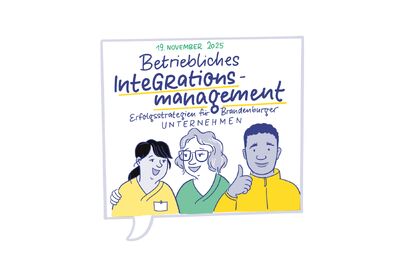 Illustration von drei Personen mit dem Titel „Betriebliches Integrationsmanagement – Erfolgsstrategien für Brandenburger Unternehmen“ (19. November 2025)
