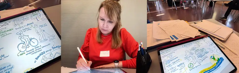 Nadine Ro&szlig;a erstellt live ein Graphic Recording mit Sketchnotes auf dem iPad bei einer Gesundheitskonferenz in Berlin, Arbeitsplatz mit digitalen Zeichnungen und Notizen.