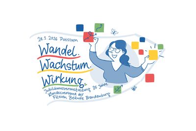 Graphic Recording Illustration zur Veranstaltung „Wandel, Wachstum, Wirkung“ in Potsdam – Jubiläum 35 Jahre Landesverband der Freien Berufe Brandenburg.