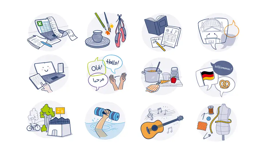 Illustration verschiedener Kursbereiche der Volkshochschule, dargestellt durch Icons: Computer und Excel, Kunsthandwerk, Lernen und Schreiben, Sprachen, Kochen, Integration, Sport, Musik, N&auml;hen sowie Mobilit&auml;t.