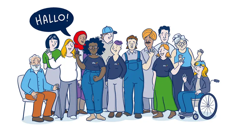 Illustration einer vielf&auml;ltigen Gruppe von Menschen unterschiedlichen Alters und Hintergrunds, einige winken. Eine Sprechblase mit dem Wort &sbquo;Hallo!&lsquo; steht &uuml;ber der Gruppe.