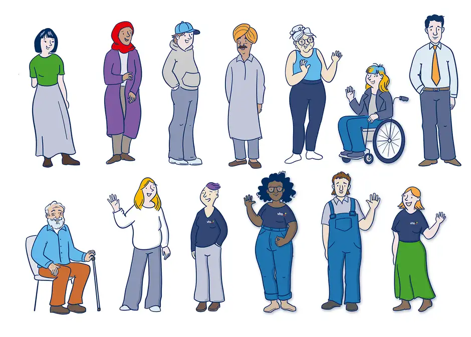 Illustration verschiedener Menschen unterschiedlichen Alters und Hintergrunds &ndash; darunter eine Frau mit Kopftuch, ein Mann mit Turban, eine Person im Rollstuhl, ein &auml;lterer Mann mit Gehstock und mehrere weitere Personen.