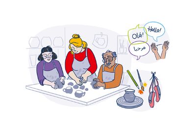 Illustration eines Kreativkurses an der Volkshochschule: Drei Menschen unterschiedlichen Alters formen gemeinsam Keramik an einem Tisch. Daneben sind Symbole für Sprachenlernen und kreative Kurse wie Malen und Töpfern zu sehen.