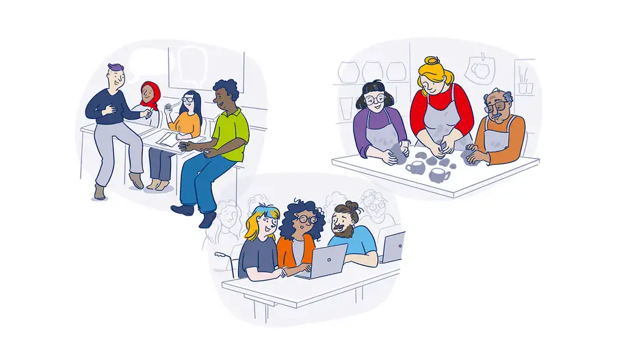 Illustration von drei Kurssituationen an der Volkshochschule: eine Sprach- oder Diskussionsrunde, ein T&ouml;pferkurs und eine Gruppe von Lernenden, die gemeinsam am Laptop arbeiten.