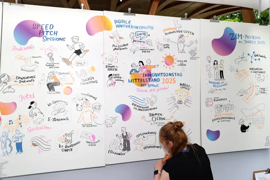 Graphic Recording Berlin in Aktion &ndash; Nadine Ro&szlig;a zeichnet live eine umfangreiche visuelle Zusammenfassung zu Innovations- und Mittelstandsthemen.