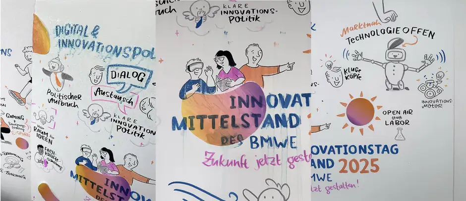 Graphic Recording Berlin beim Innovationstag Mittelstand 2025 &ndash; Detailansicht einer visuellen Dokumentation zu Digital- und Innovationspolitik mit Dialog-, Technologie- und Ideenillustrationen.