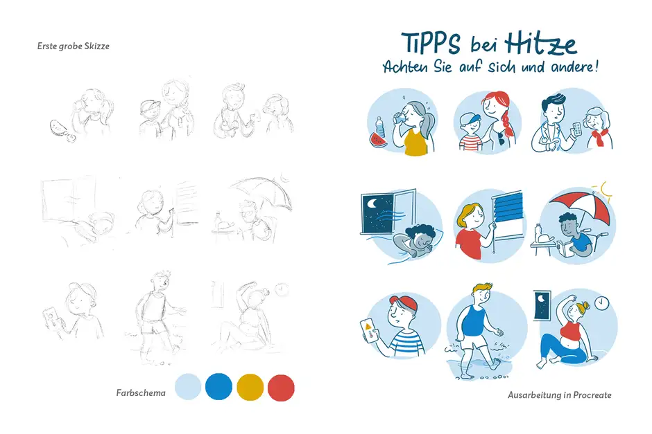 Poster-Illustration f&uuml;r Hitzeschutz: Skizze und Ausarbeitung