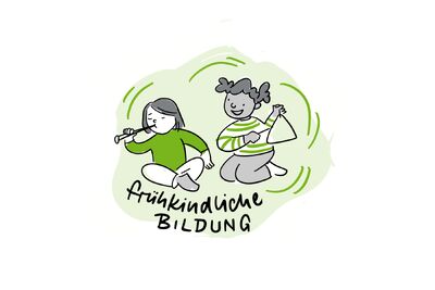Ein Bild im Sketchnote Stil mit zwei Kindern. Der Titel ist frühkindliche Bildung.