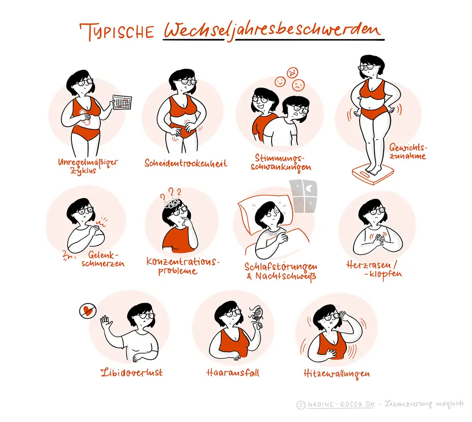 Das Bild zeigt eine Infografik mit dem Titel "Typische Wechseljahresbeschwerden" und illustriert verschiedene Symptome, die in den Wechseljahren auftreten k&ouml;nnen. Jede Beschwerde ist mit einer humorvollen Zeichnung einer Frau und einer entsprechenden Beschriftung dargestellt. Die Beschwerden umfassen:  Unregelm&auml;&szlig;iger Zyklus &ndash; Eine Frau h&auml;lt einen Kalender in der Hand. Scheidentrockenheit &ndash; Die Frau h&auml;lt sich den Bauch. Stimmungsschwankungen &ndash; Zwei Gesichter der Frau, eines l&auml;chelt, das andere ist traurig. Gewichtszunahme &ndash; Die Frau steht auf einer Waage. Gelenkschmerzen &ndash; Die Frau fasst sich an die Schulter. Konzentrationsprobleme &ndash; Die Frau schaut verwirrt. Schlafst&ouml;rungen & Nachtschwei&szlig; &ndash; Die Frau liegt im Bett und sieht ersch&ouml;pft aus. Herzrasen/-klopfen &ndash; Die Frau h&auml;lt sich die Hand auf die Brust. Libidoverlust &ndash; Die Frau hebt eine Hand abwehrend. Haarausfall &ndash; Die Frau h&auml;lt eine B&uuml;rste mit Haaren. Hitzewallungen &ndash; Die Frau f&auml;chert sich Luft zu.
